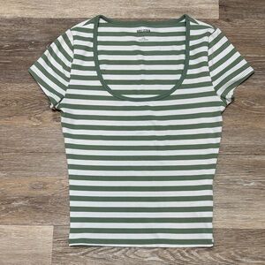 Hollister Olive and White Striped Tee